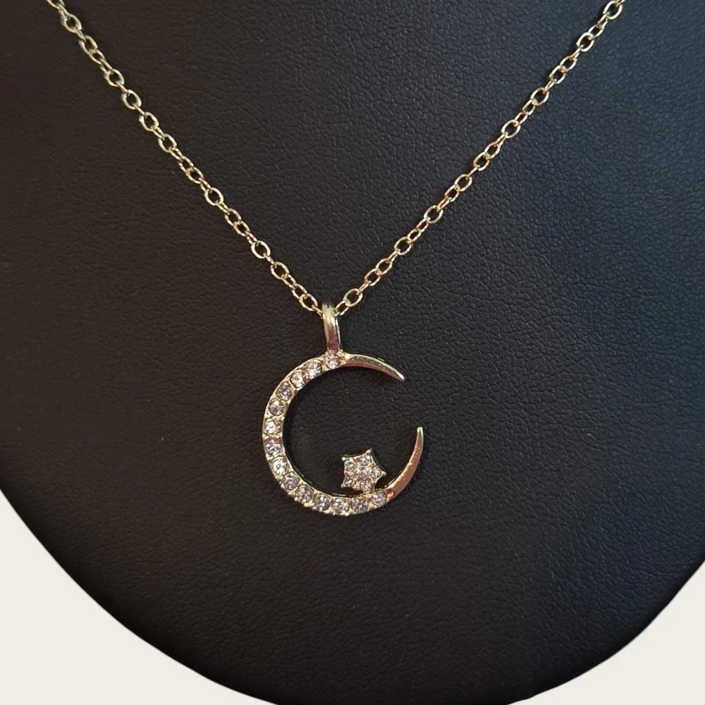 Gold Tone Crescent Moon and Star Crystal Pendant Necklace Celestial‎ Jewelry